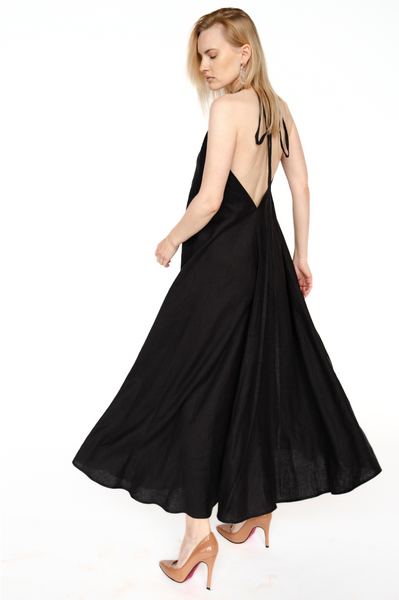 Gara Lina vasars kleita, black open back dress long maxi evening gown Summer Linen Dress, Linen Midi Dress, Black Linen Dress, Sleeveless Linen Dress with Pockets, Simple Linen Dress for Women,