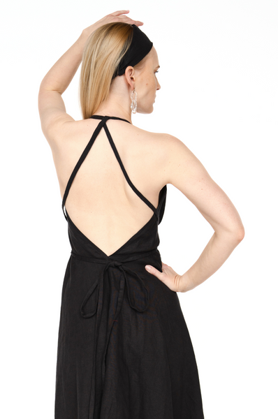 Gara Lina vasars kleita, black open back dress long maxi evening gown Summer Linen Dress, Linen Midi Dress, Black Linen Dress, Sleeveless Linen Dress with Pockets, Simple Linen Dress for Women,