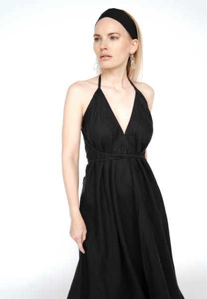 Gara Lina vasars kleita, black open back dress long maxi evening gown Summer Linen Dress, Linen Midi Dress, Black Linen Dress, Sleeveless Linen Dress with Pockets, Simple Linen Dress for Women,