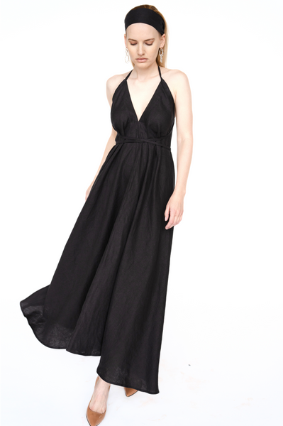 Gara Lina vasars kleita, black open back dress long maxi evening gown Summer Linen Dress, Linen Midi Dress, Black Linen Dress, Sleeveless Linen Dress with Pockets, Simple Linen Dress for Women,
