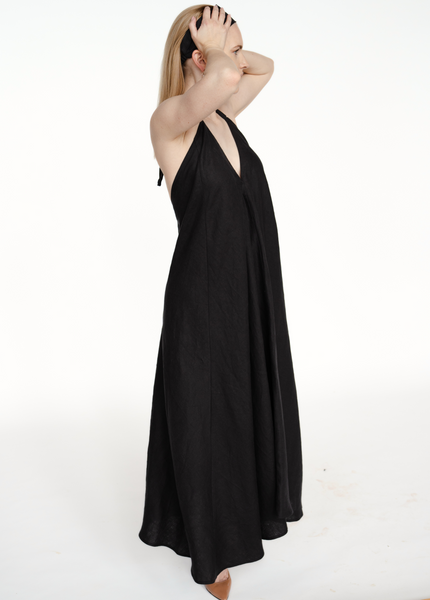 Gara Lina vasars kleita, black open back dress long maxi evening gown Summer Linen Dress, Linen Midi Dress, Black Linen Dress, Sleeveless Linen Dress with Pockets, Simple Linen Dress for Women,