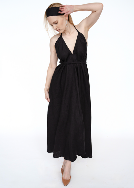 Linen Trapeze Maxi open back Dress/ one size