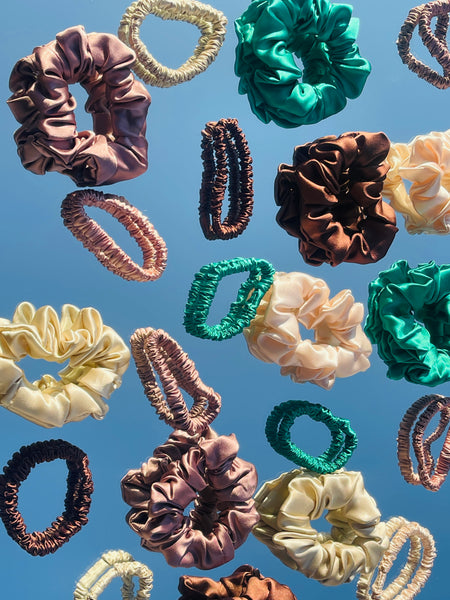 100% Mulberry silk scrunchie XS  Mini and M  size hair ties SETS