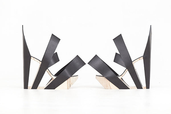 Black Leather and Birch Wood Heels