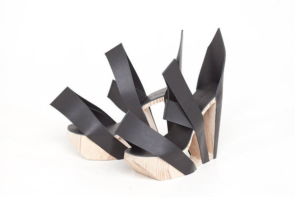 Black Leather and Birch Wood Heels