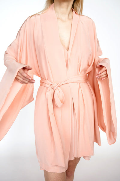 Maigi rozā  Īss  Mulberry Zīda krepa Kimono Halāts – Roku Darbs | Viens Izmērs Der Vairumam