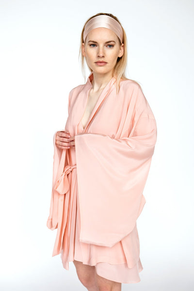Maigi rozā  Īss  Mulberry Zīda krepa Kimono Halāts – Roku Darbs | Viens Izmērs Der Vairumam
