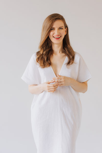 Ivory White Linen Kaftan Dress/ one size/Zero Waste caftan