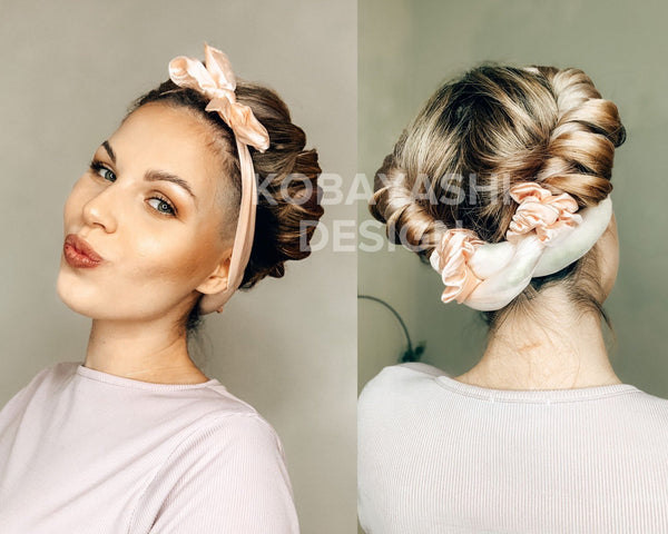 <img alt="zīda matu rulls lokotājs ar lentām silk heatless curler"