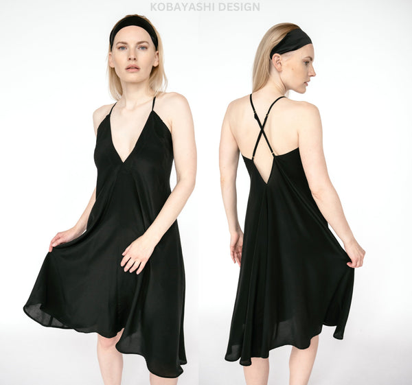Black Pure Mulberry silk crepe slip nightdress, one size