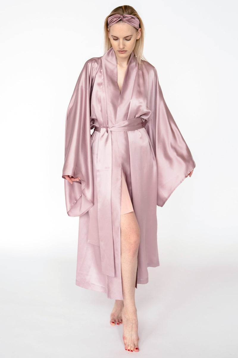 Pure Mulberry silk kimono maxi robe Mauve Baiba Ladiga