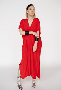 Red Cupro Kaftan Dress/ one size/ Zero waste