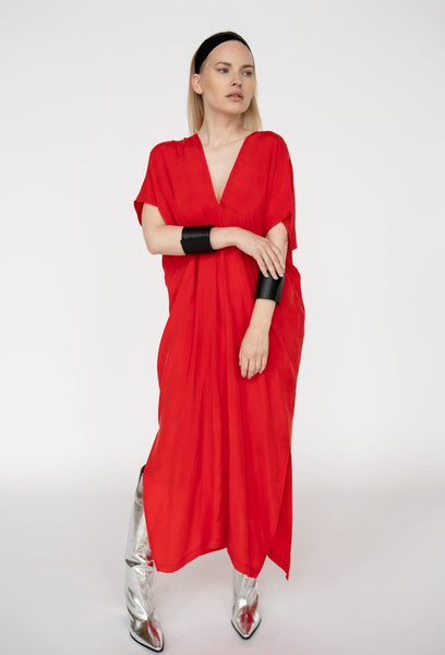 Red Cupro Kaftan Dress/ one size/ Zero waste