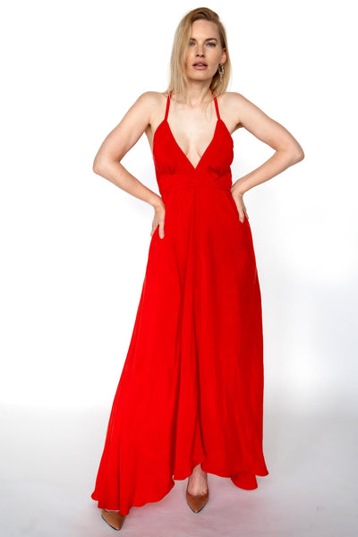 Red Cupro Silk Trapeze Dress/open Back long dress/ one size