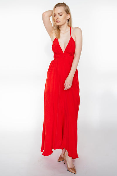 Red Cupro Silk Trapeze Dress/open Back long dress/ one size