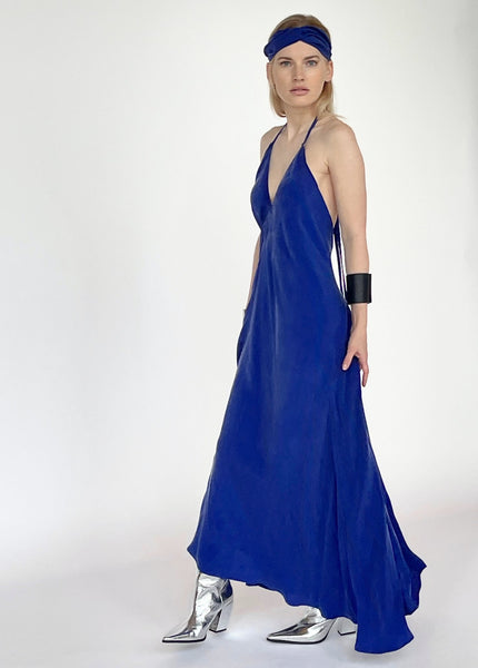 Royal Blue Cupro Silk Trapeze Kleita/atvērta Muguras garā kleita/ viens izmērs