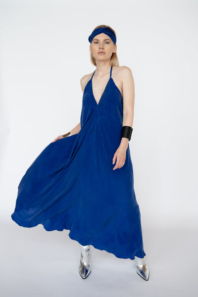 Royal Blue Cupro Silk Trapeze Kleita/atvērta Muguras garā kleita/ viens izmērs