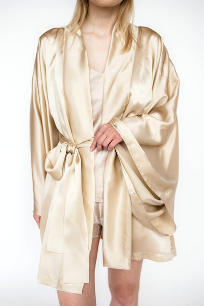 Short Mulberry silk kimono robe Champagne