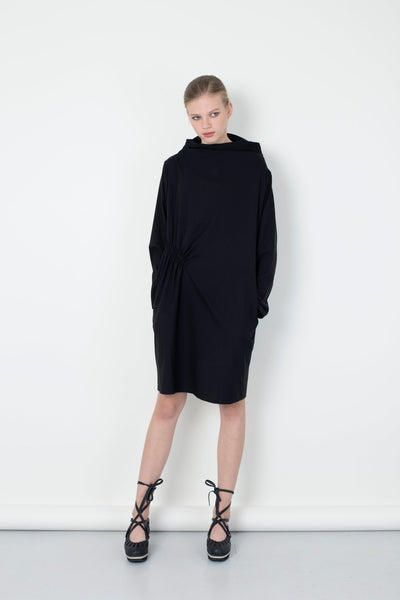 Black Wool diagonal gathering dress  