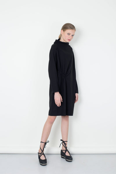 Black Wool diagonal gathering dress  