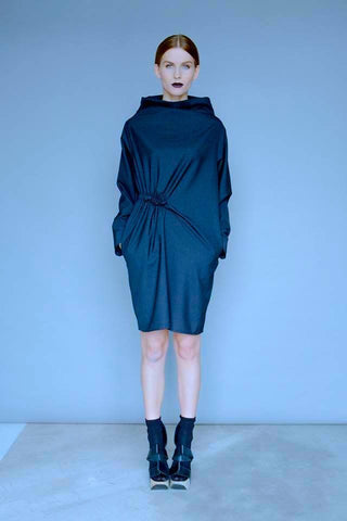 Dark Blue  Wool Diagonal Gathering Dress