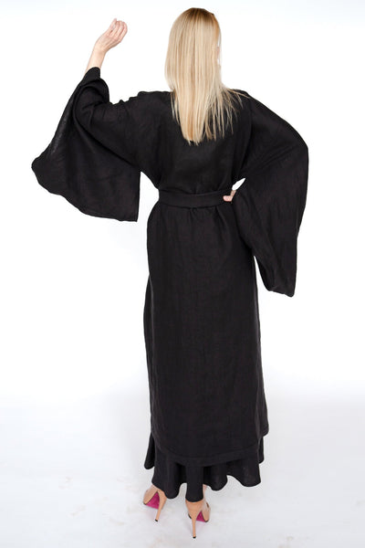 Dark brown linen kimono sleeve maxi robe