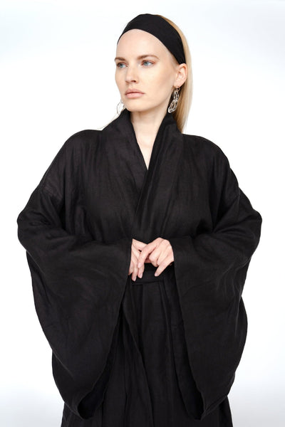 Dark brown linen kimono sleeve maxi robe