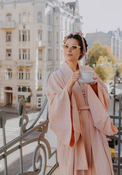 Long pink linen kimono robe