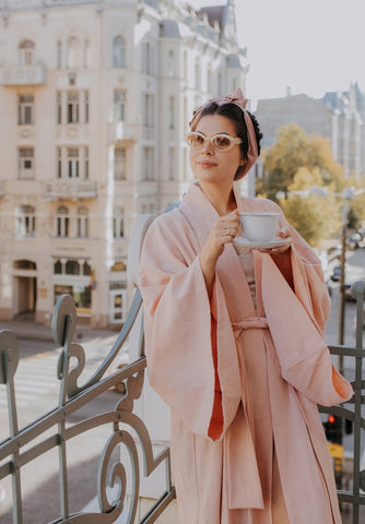 Long pink linen kimono robe