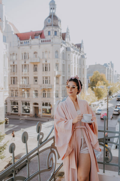 Long pink linen kimono robe