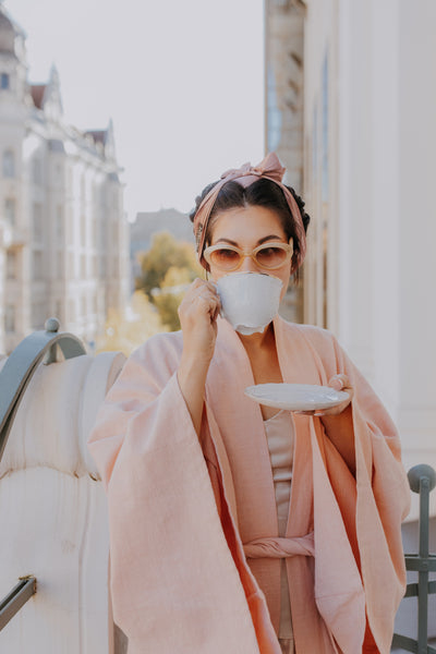 Long pink linen kimono robe