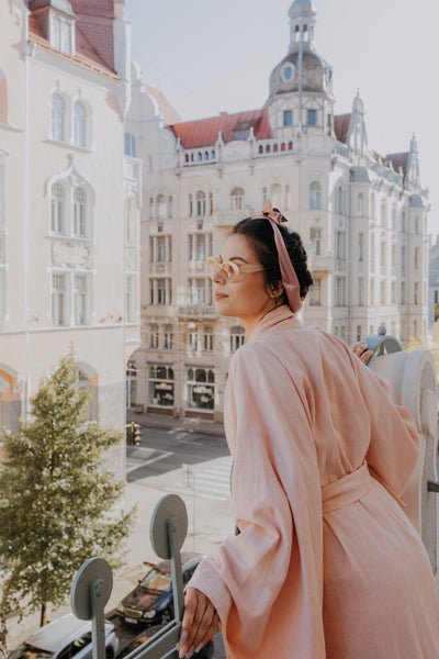 Long pink linen kimono robe