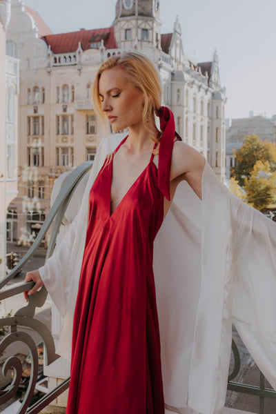 Red Mulberry silk Trapeze Silhouette Maxi Dress with Long Straps – One Size Fits Most