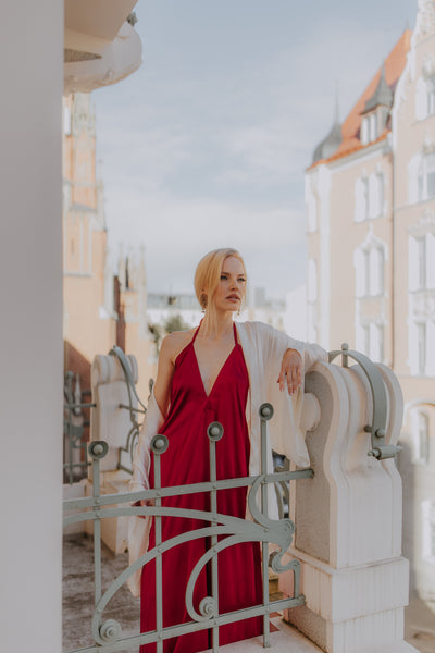 Red Mulberry silk Trapeze Silhouette Maxi Dress with Long Straps – One Size Fits Most