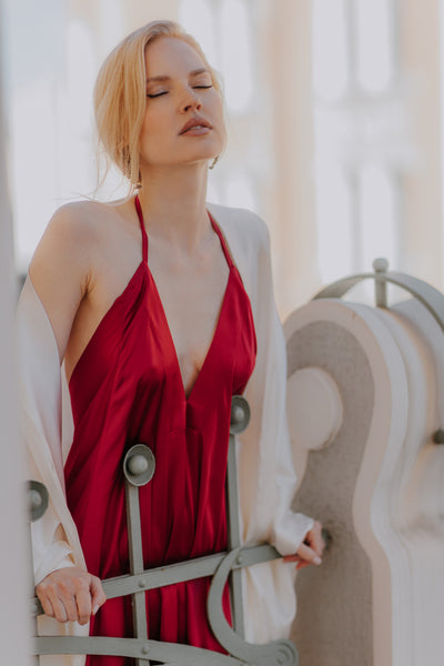 Red Mulberry silk Trapeze Silhouette Maxi Dress with Long Straps – One Size Fits Most