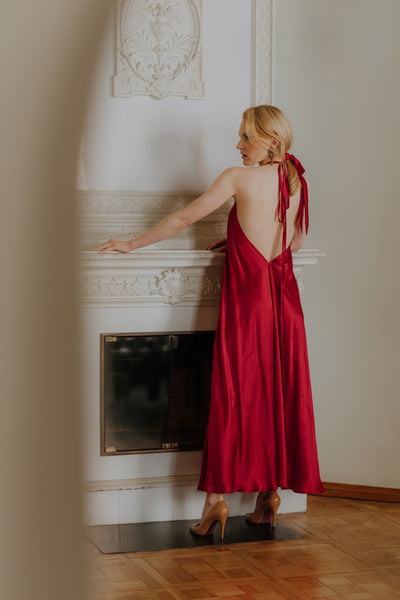 Red Mulberry silk Trapeze Silhouette Maxi Dress with Long Straps – One Size Fits Most