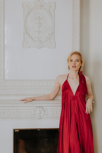 Red Mulberry silk Trapeze Silhouette Maxi Dress with Long Straps – One Size Fits Most