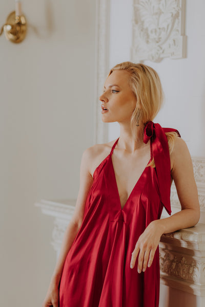 Red Mulberry silk Trapeze Silhouette Maxi Dress with Long Straps – One Size Fits Most