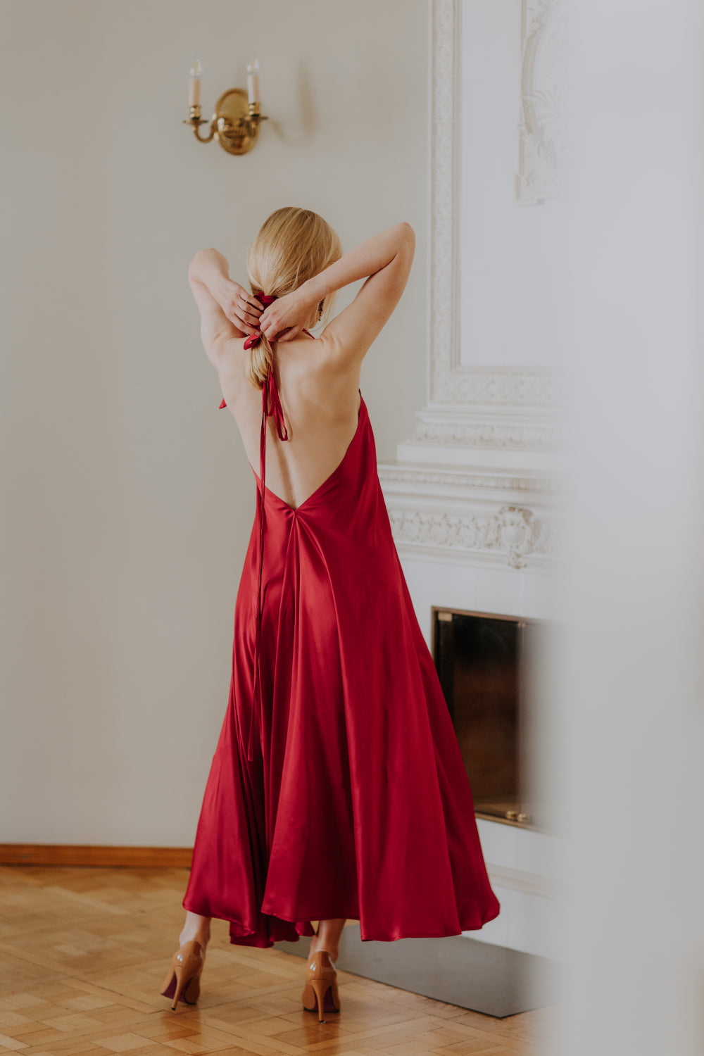 Red Mulberry silk Trapeze Silhouette Maxi Dress with Long Straps – One –  Baiba Ladiga
