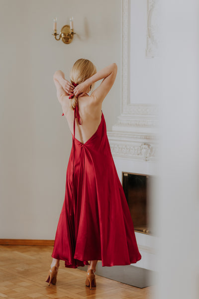 Red Mulberry silk Trapeze Silhouette Maxi Dress with Long Straps – One Size Fits Most