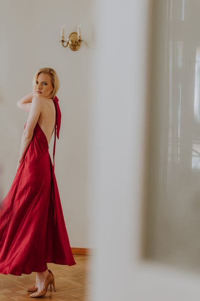 Red Mulberry silk Trapeze Silhouette Maxi Dress with Long Straps – One Size Fits Most