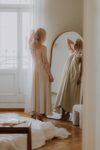 Red Mulberry silk Trapeze Silhouette Maxi Dress with Long Straps – One Size Fits Most