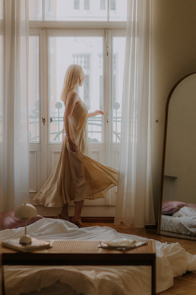 Red Mulberry silk Trapeze Silhouette Maxi Dress with Long Straps – One Size Fits Most