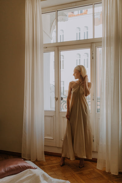 Red Mulberry silk Trapeze Silhouette Maxi Dress with Long Straps – One Size Fits Most