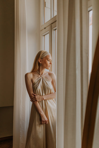 Red Mulberry silk Trapeze Silhouette Maxi Dress with Long Straps – One Size Fits Most