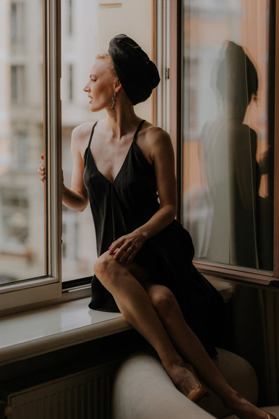 READY TOI SHIP Black Pure Mulberry silk crepe slip nightdress, one size