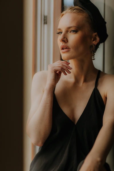 READY TOI SHIP Black Pure Mulberry silk crepe slip nightdress, one size