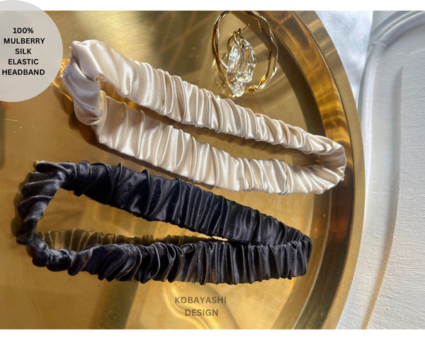 “Luxury 100% Mulberry silk headband in flat band style, handmade from OEKO-TEX® certified 19 momme silk.”