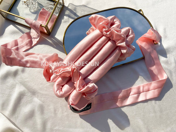 Long Large SILK Heatless hair curler with ribbon ties, overnight curling rod and Scrunchie set