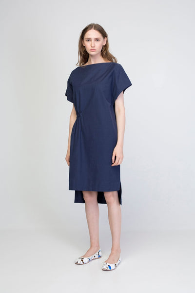 Minimalist midi  dress with a gathering/cotton/cupro